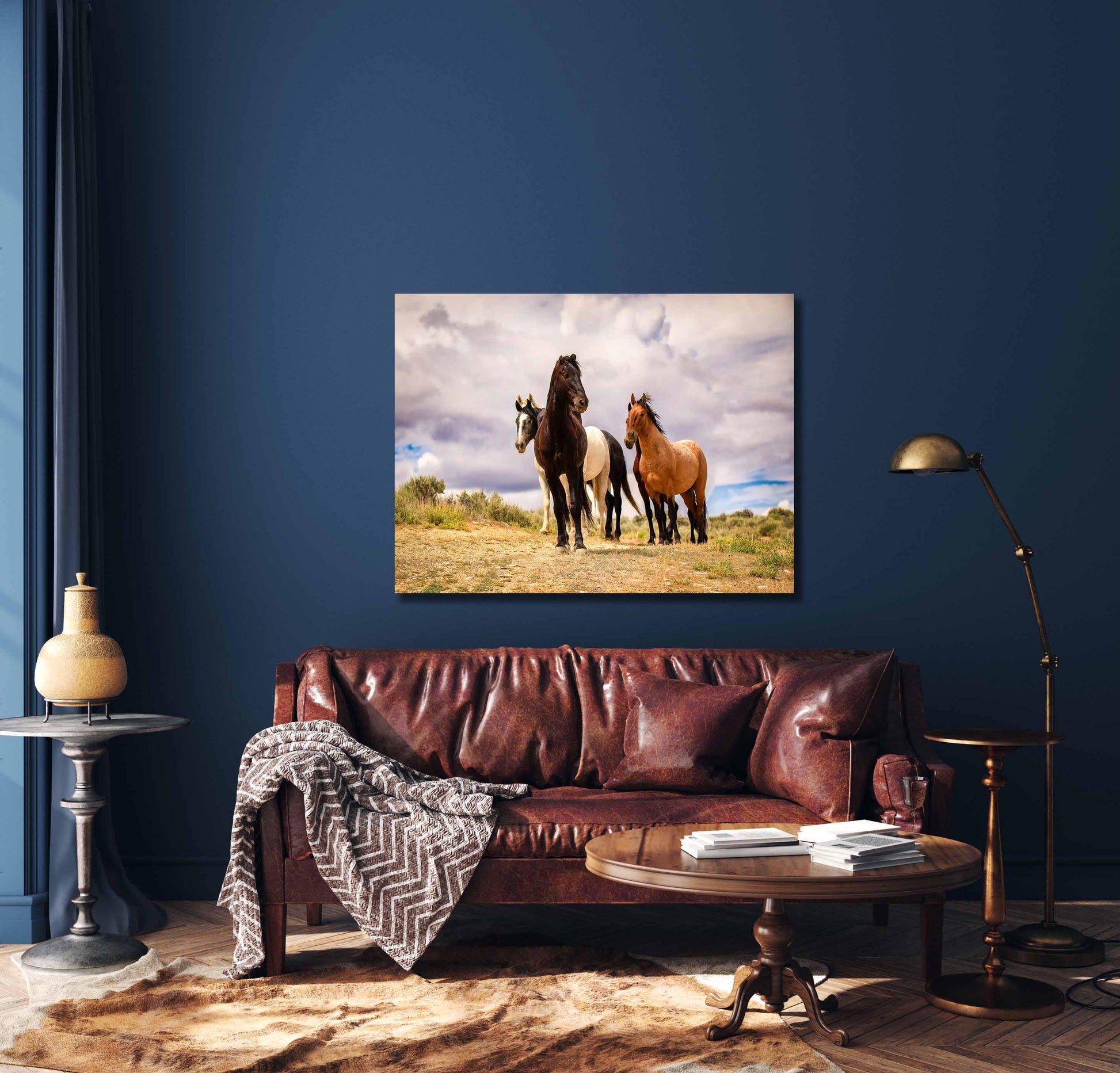 Wild horses standing on a ridge in Colorado&#39;s high desert plains of Sand Wash Basin. Mustang stallions - black, dun, pinto and gray. Photo shown printed on a canvas.