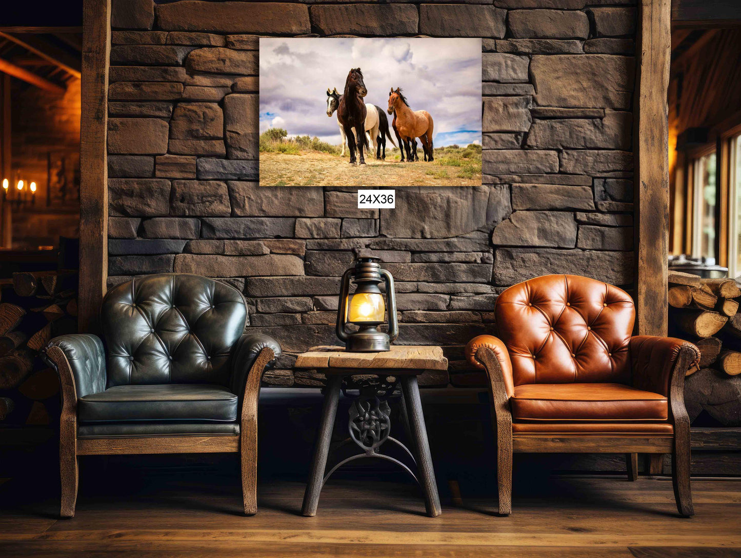 Wild horses standing on a ridge in Colorado&#39;s high desert plains of Sand Wash Basin. Mustang stallions - black, dun, pinto and gray. Photo shown printed on a canvas.