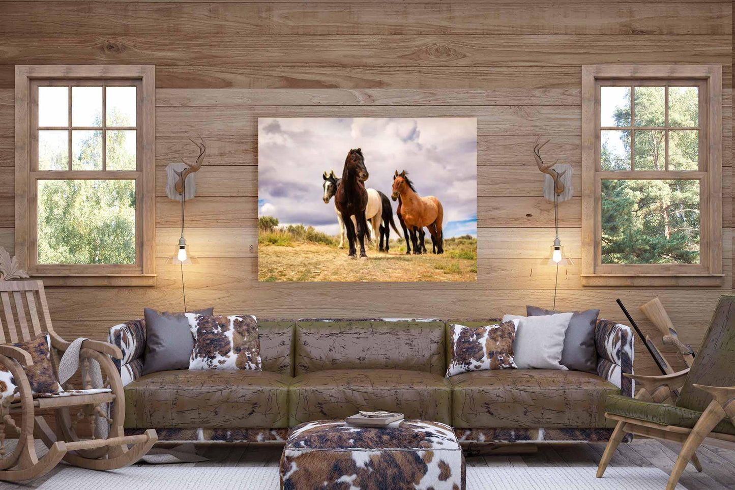 Wild horses standing on a ridge in Colorado&#39;s high desert plains of Sand Wash Basin. Mustang stallions - black, dun, pinto and gray. Photo shown printed on a canvas.