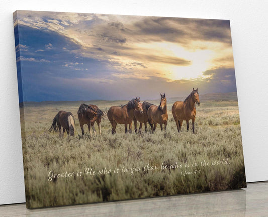1 John 4:4 Wild Horses Bible Verse, Wild Mustang Scripture Canvas, Christian Inspirational Wall Art, Cowboy Old West Decor, Greater is He - SandyDobbsFineArtPhotography