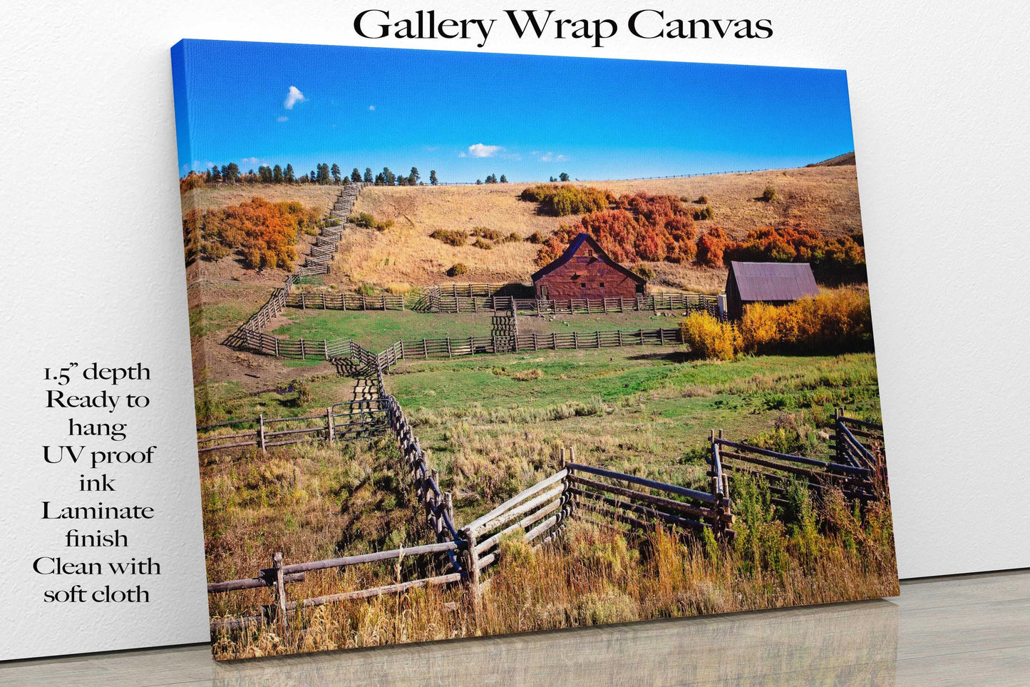 Old Barn and Split Rail Fences Photo Canvas, Colorado Ranch, Rustic Style, Cowboy Art Photography, Fall Color, Western Large Wall Picture