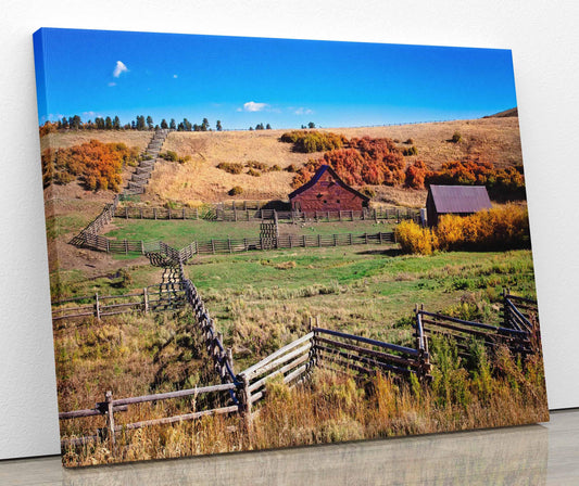 Old Barn and Split Rail Fences Photo Canvas, Colorado Ranch, Rustic Style, Cowboy Art Photography, Fall Color, Western Large Wall Picture
