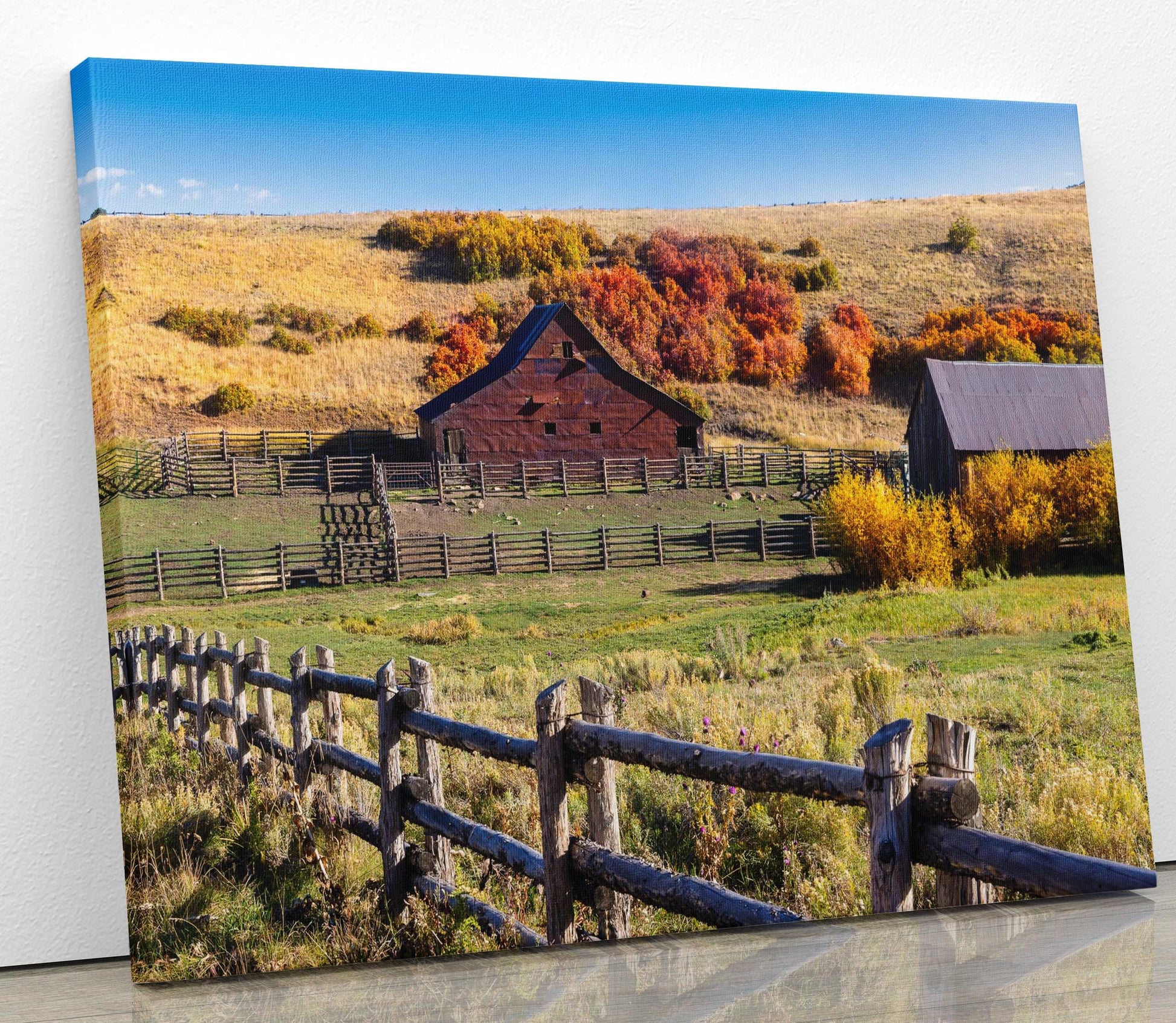 Colorado Ranch Photo Canvas, Rustic Style Old Barn and Split Rail Fences, Cowboy Art Photography, Fall Color, Western Large Wall Picture