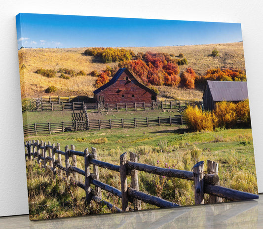 Colorado Ranch Photo Canvas, Rustic Style Old Barn and Split Rail Fences, Cowboy Art Photography, Fall Color, Western Large Wall Picture
