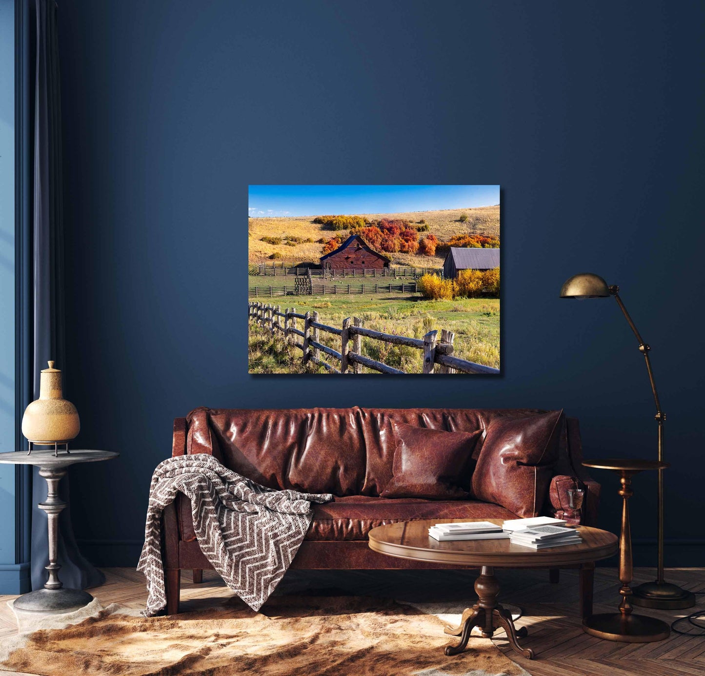 Colorado Ranch Photo Canvas, Rustic Style Old Barn and Split Rail Fences, Cowboy Art Photography, Fall Color, Western Large Wall Picture