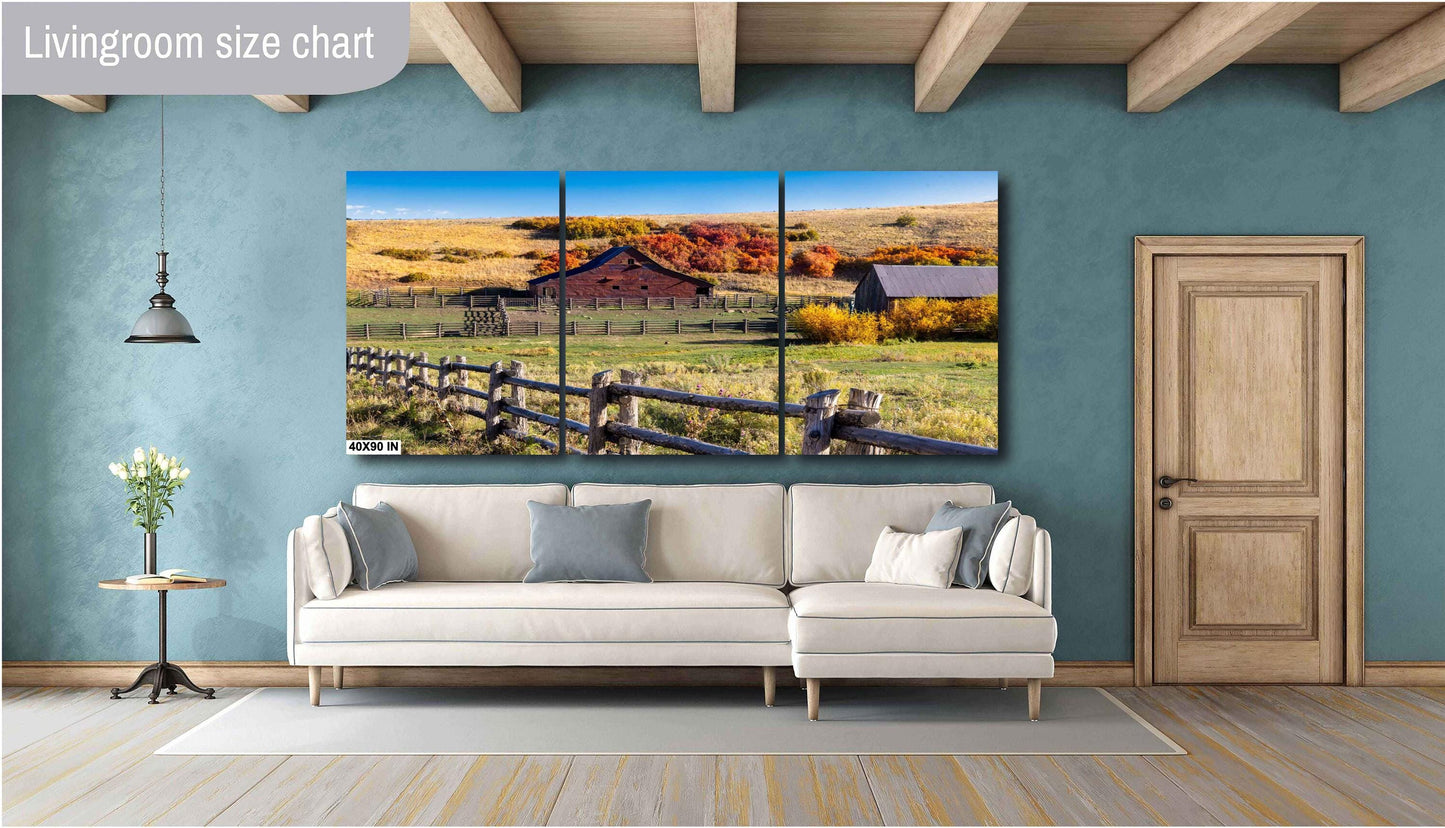 Colorado Ranch Photo Canvas, Rustic Style Old Barn and Split Rail Fences, Cowboy Art Photography, Fall Color, Western Large Wall Picture