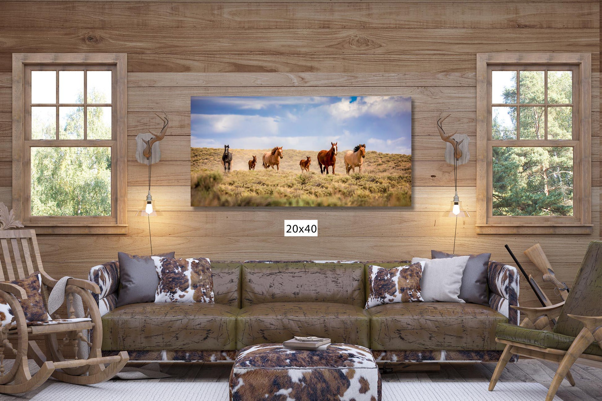 Panoramic Wild Horses Running Photo Canvas Print, Colorado Cowboy Old West Home or Office Decor, Mustangs Mares and Foals, Mountain Scenery - SandyDobbsFineArtPhotography