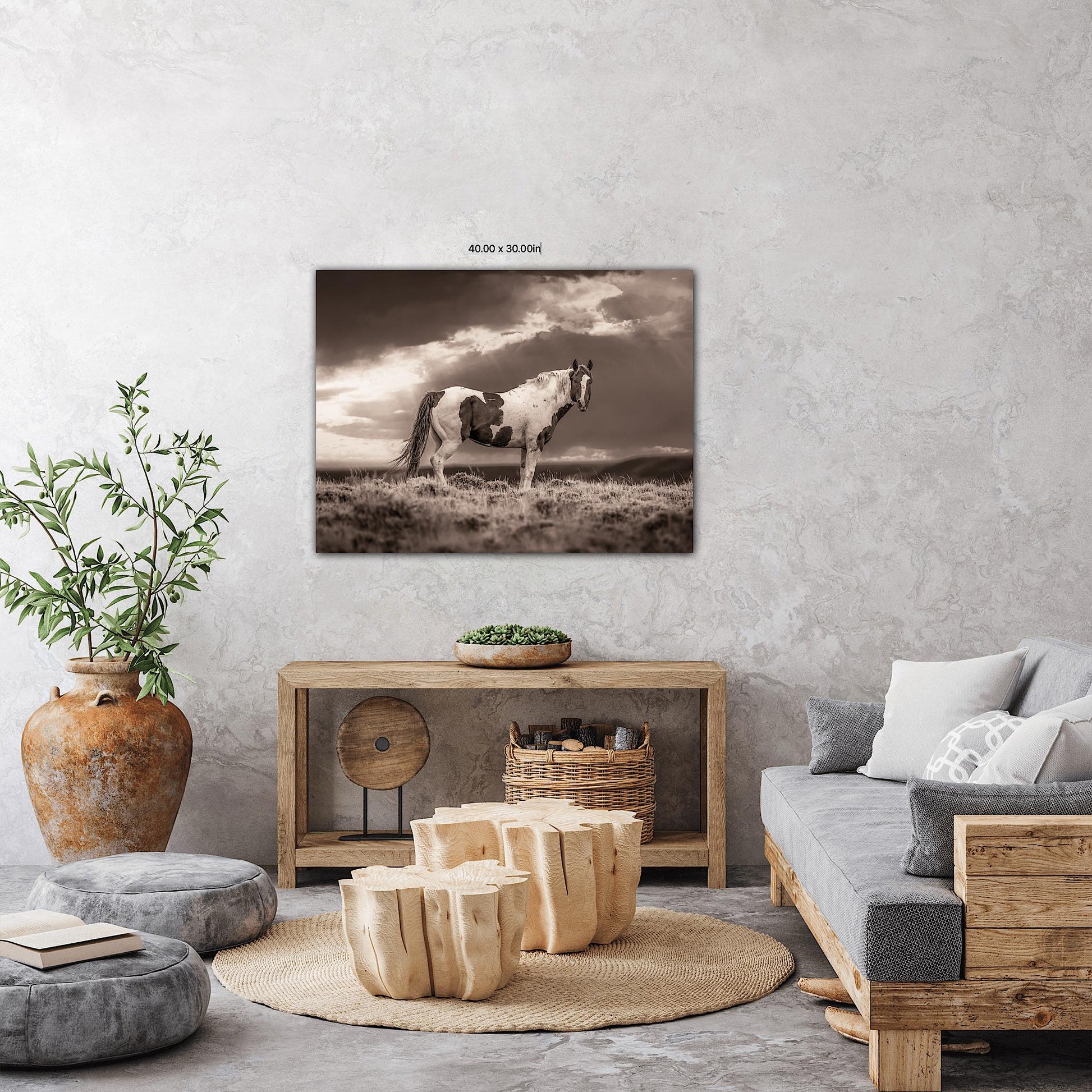 Wild Pinto Stallion Sepia Photo, Wyoming Mustang Horses Wall Art Print, Rocky Mountain Large Wildlife Canvas, Cowboy Old West Decor for Home - SandyDobbsFineArtPhotography