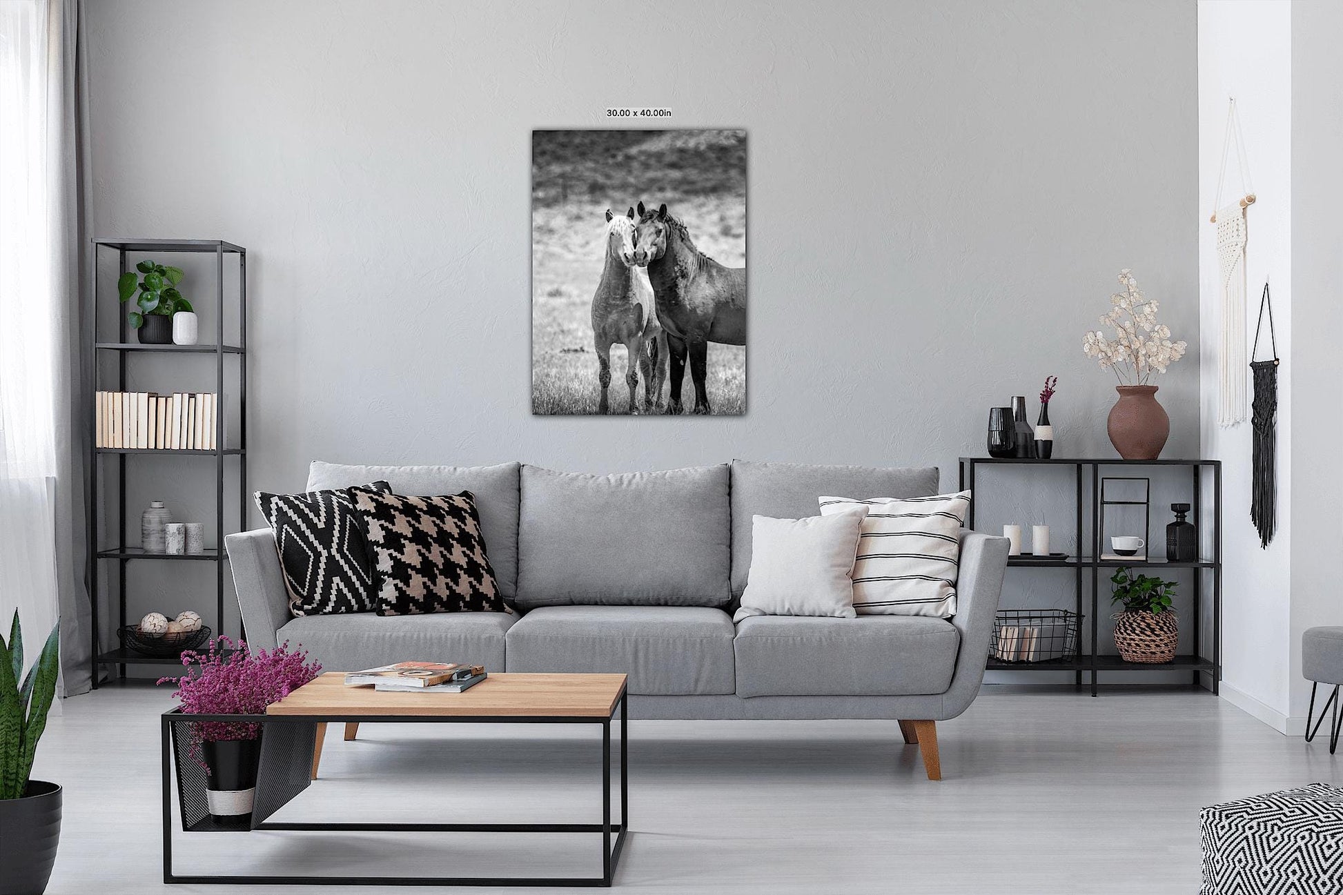 Wild Horses in Wyoming Black and White Vertical Print, Rustic Cowboy Decor, Stallions Photo Canvas, Salt Wells Creek Mountain Landscape - SandyDobbsFineArtPhotography