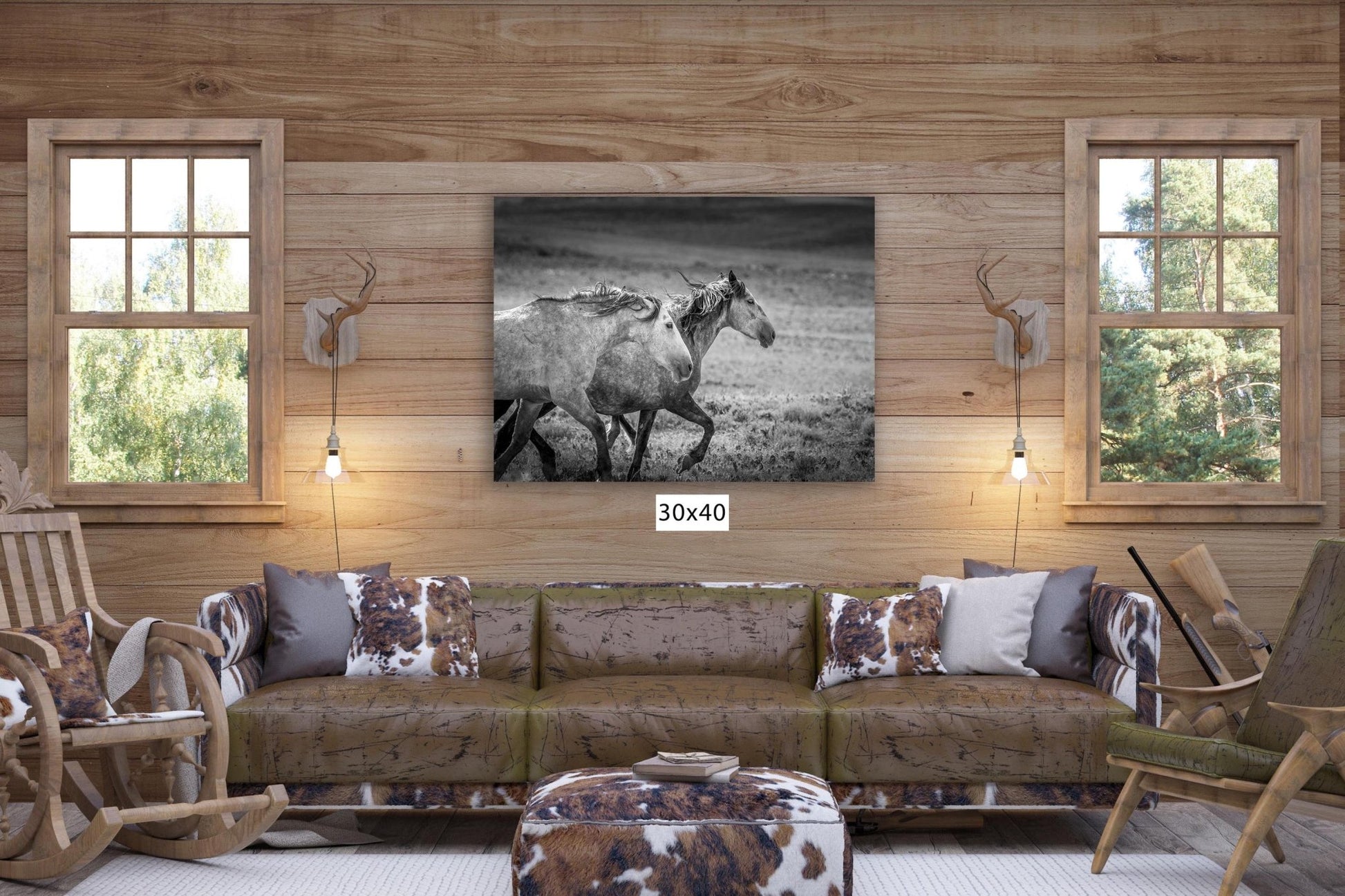 Wild Horses Running Black and White Photo, Adobe Town Wyoming Mustang Stallions Wall Art Print, Rocky Mountain Canvas, Cowboy Old West Decor - SandyDobbsFineArtPhotography