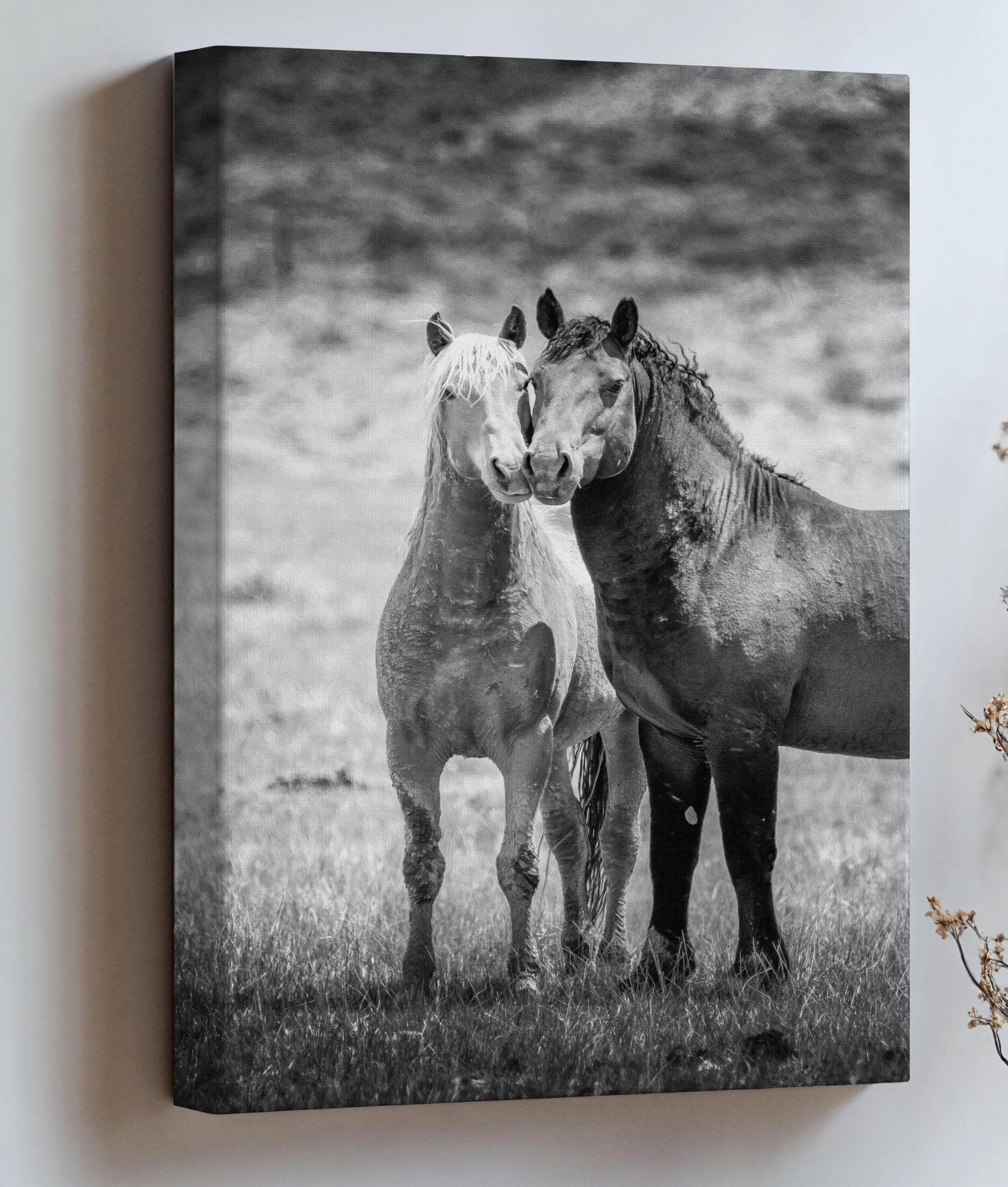 Wild Horses in Wyoming Black and White Vertical Print, Rustic Cowboy Decor, Stallions Photo Canvas, Salt Wells Creek Mountain Landscape - SandyDobbsFineArtPhotography
