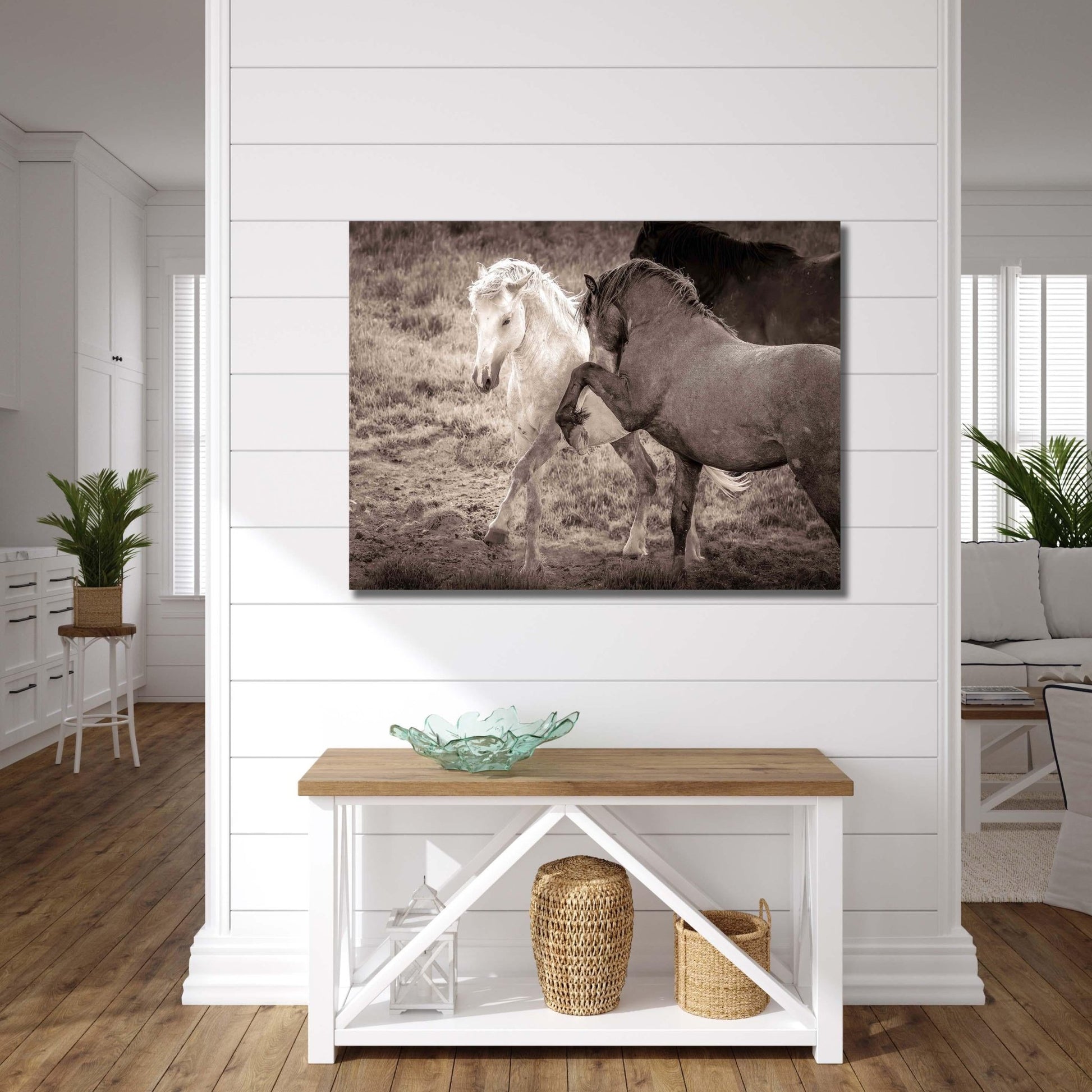 Wild Horses Dancing Sepia Photo, Wyoming Mustang Stallions Wall Art Print, Rocky Mountain Wildlife Canvas, Cowboy Old West Decor - SandyDobbsFineArtPhotography