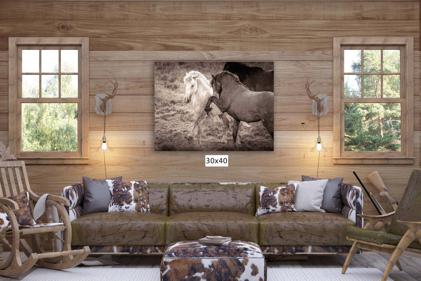 Wild Horses Dancing Sepia Photo, Wyoming Mustang Stallions Wall Art Print, Rocky Mountain Wildlife Canvas, Cowboy Old West Decor - SandyDobbsFineArtPhotography