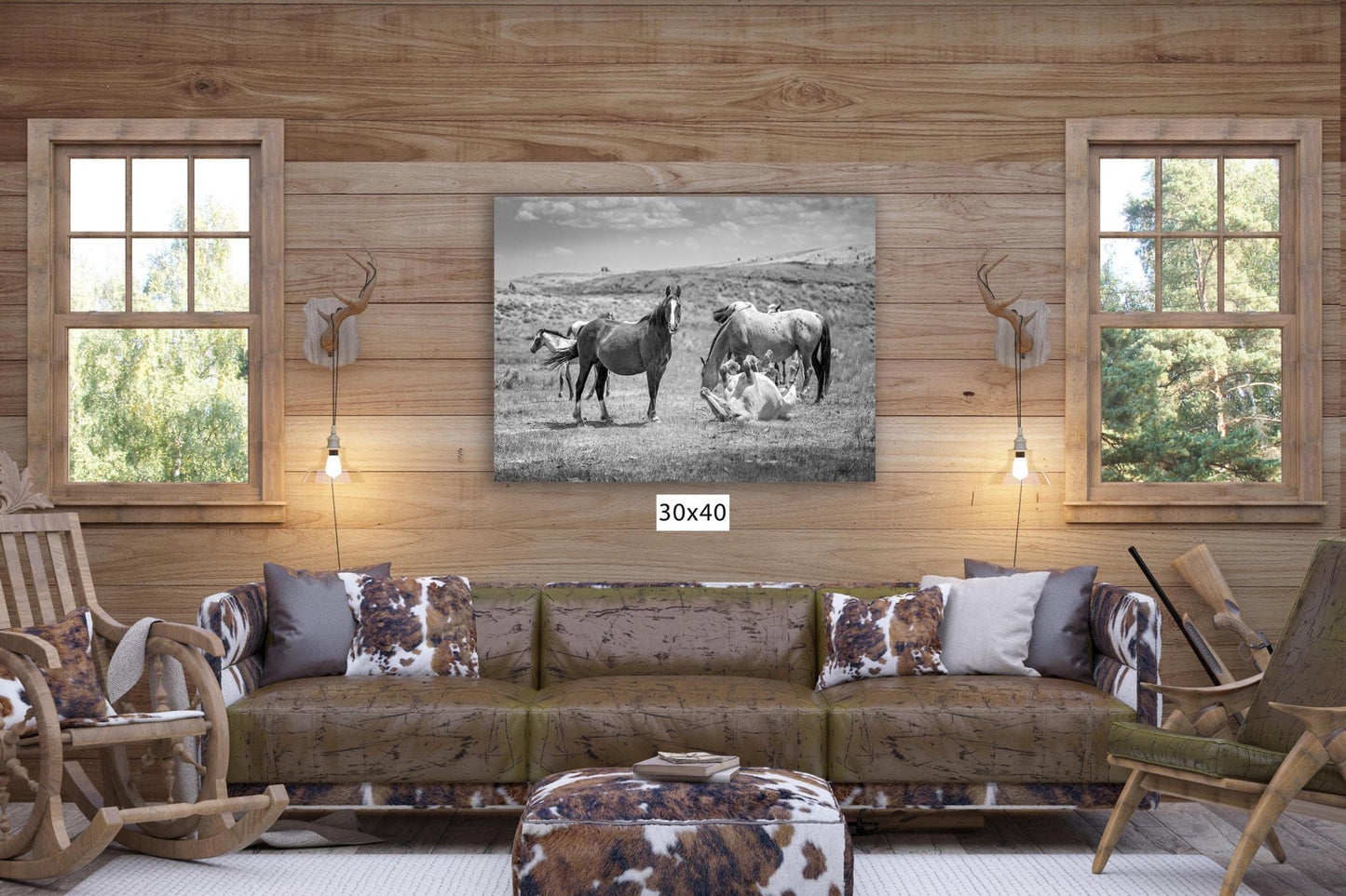 Wyoming Wild Horses Black and White Wall Art Print, Mustang Stallions Playing Photo Canvas, Cowboy Old West Decor for Home or Office - SandyDobbsFineArtPhotography