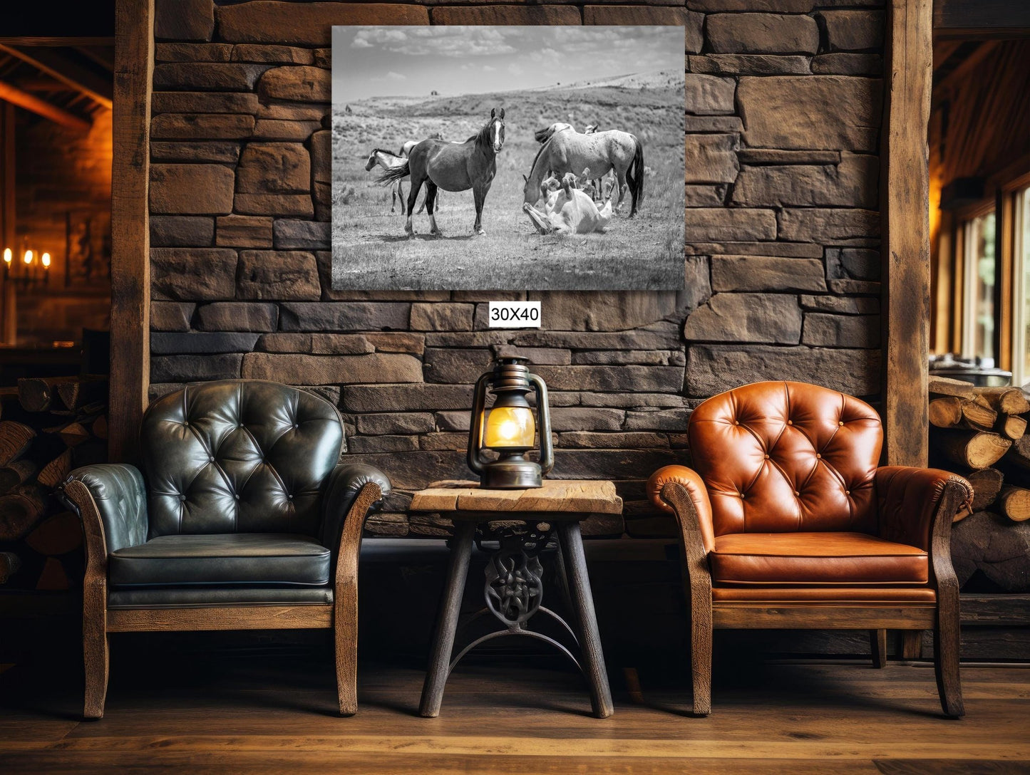 Wyoming Wild Horses Black and White Wall Art Print, Mustang Stallions Playing Photo Canvas, Cowboy Old West Decor for Home or Office - SandyDobbsFineArtPhotography