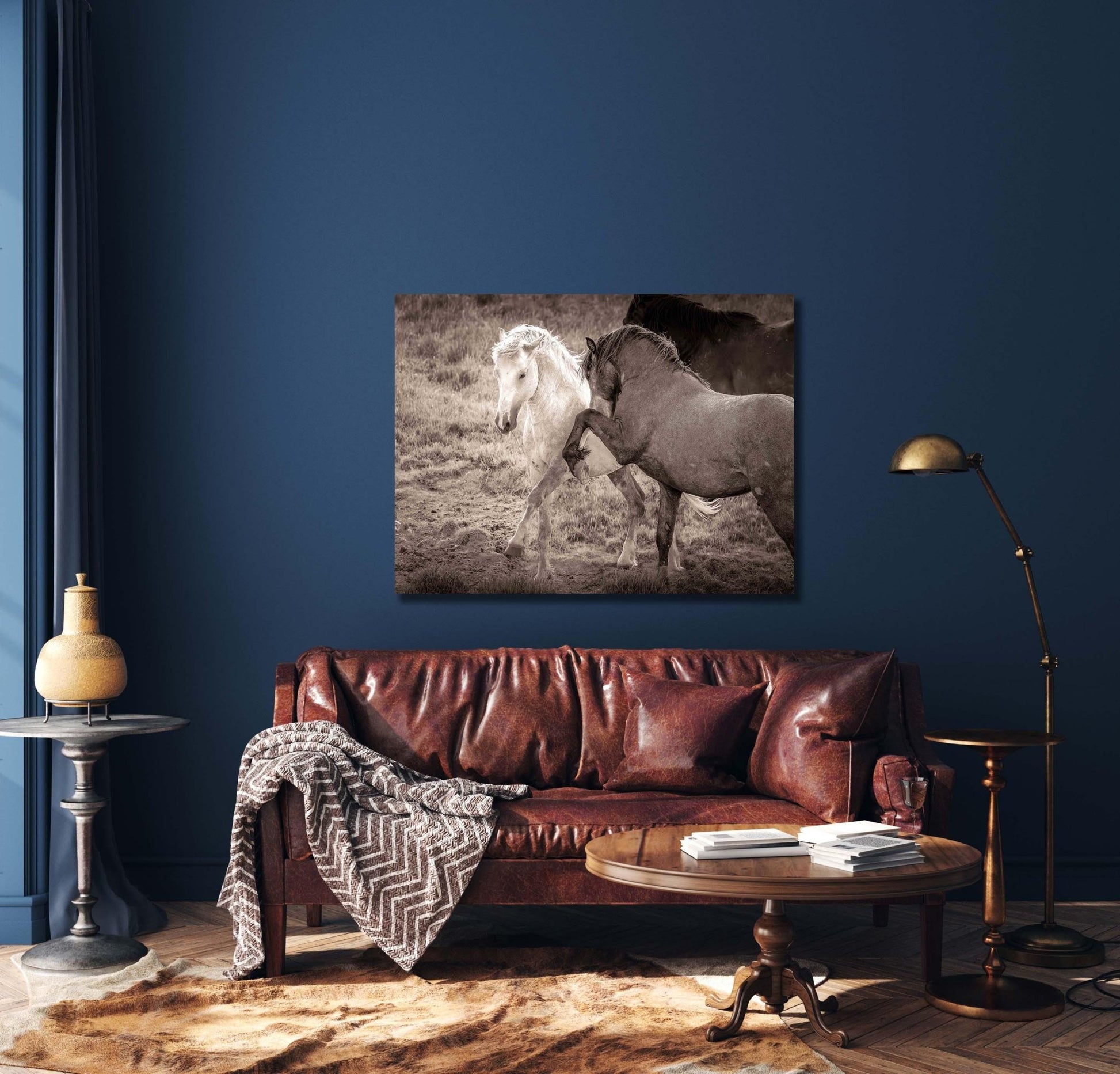 Wild Horses Dancing Sepia Photo, Wyoming Mustang Stallions Wall Art Print, Rocky Mountain Wildlife Canvas, Cowboy Old West Decor - SandyDobbsFineArtPhotography