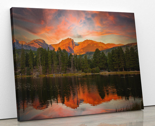 Colorado Wall Art, Sprague Lake Sunrise Photo Print, Rocky Mountain National Park,  Landscape Large Canvas, Vivid Mountain Alpenglow Sunrise