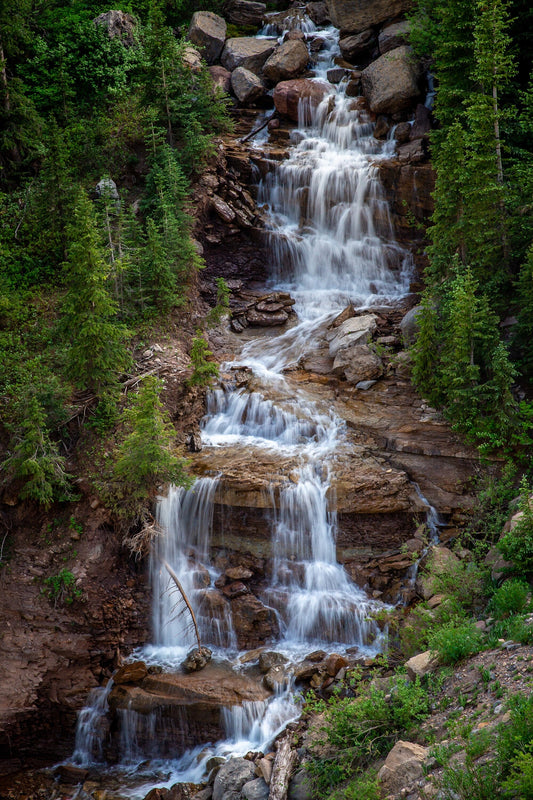 Mountain waterfall on the Alpine Loop near Silverton, Colorado in the Rocky Mountains. Available as a canvas or print image for home decor.
