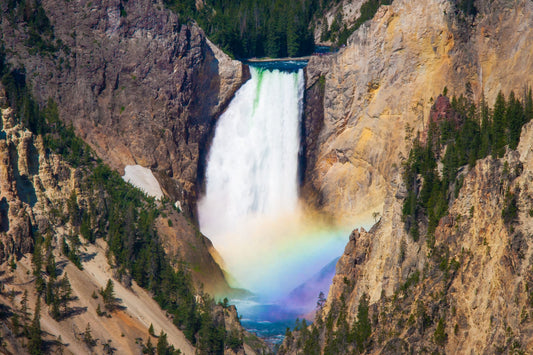 Lower Falls of the Yellowstone River with a beautiful rainbow, taken in Yellowtone National Park. Available in canvas or paper print for home decor for living rooms, bedroom or office.