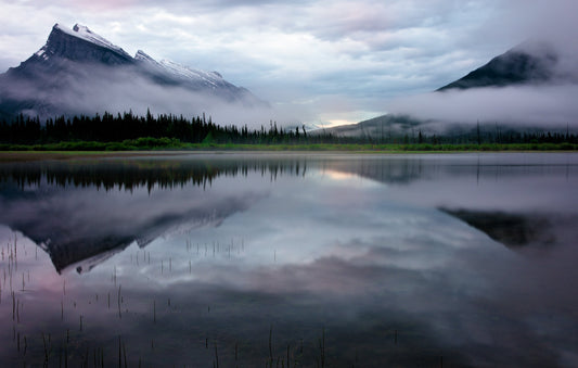 Foggy Mountain Sunrise Photo, Blue Hour Scenery, Two Jack Lake, Banff Canada Print, Canvas Wall Art Prints, Decor for Home, Bedroom, Office