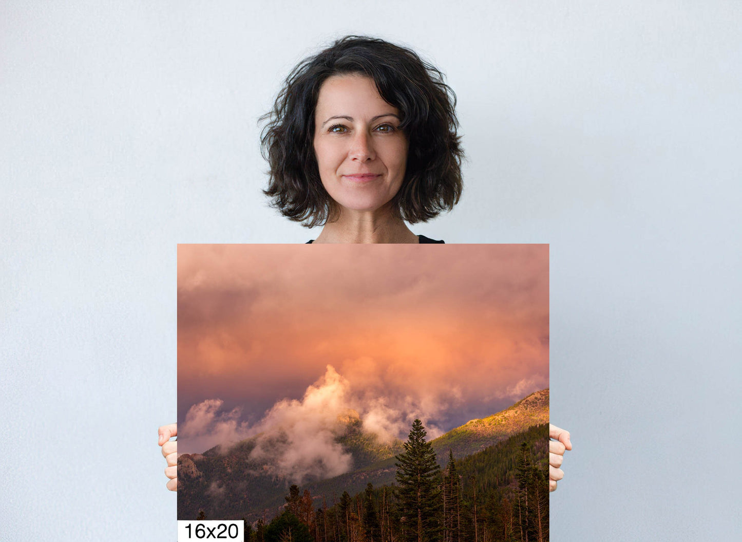 Woman holding a copy of Bear Lake Colorado Sunset Photo Canvas, Rocky Mountain National Park Print,Canvas Wall Art Print