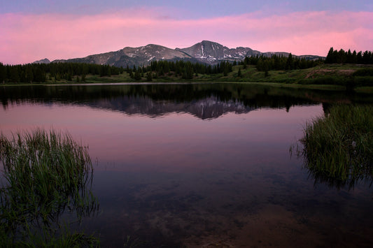 Silverton Colorado - sunset at Little Molas Lake. Beautiful pink and purple hues in the sunset. Colorado mountain landscape.