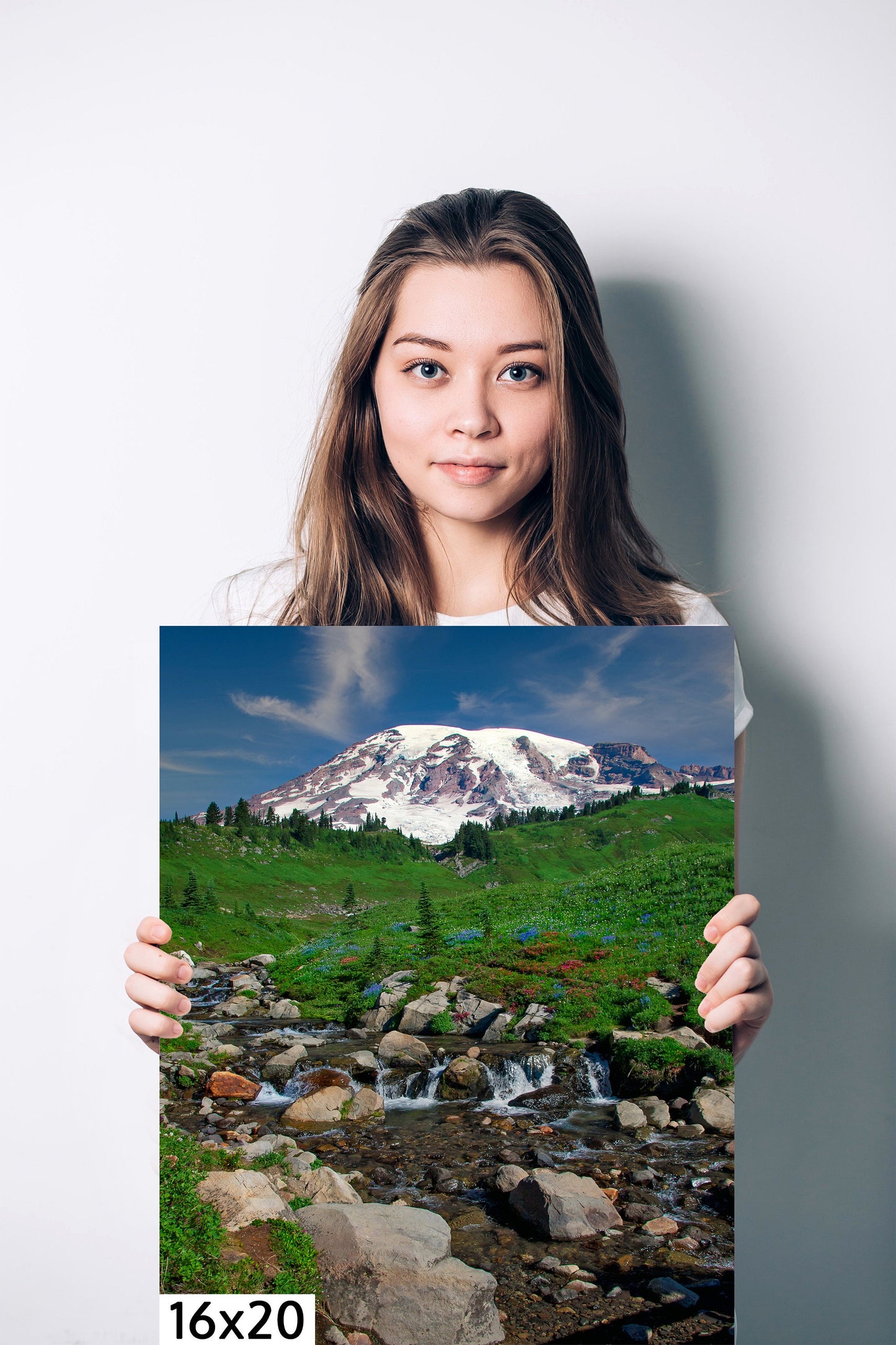 Mt Rainier National Park Canvas Print, Snowy Mountain Peak Creek and Wildflowers, Dramatic Mountain Landscape, Fine Art Wall Print Decor