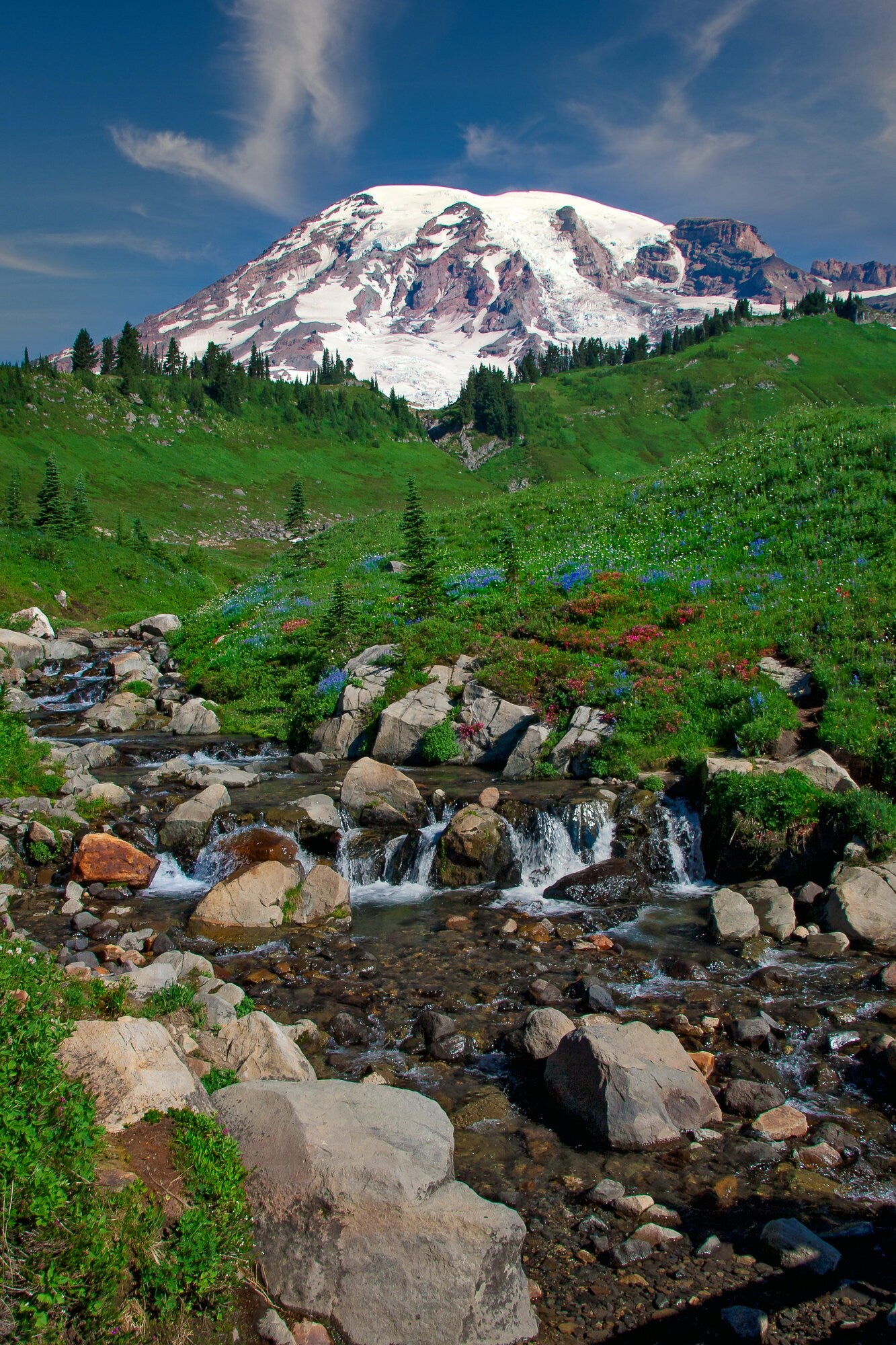 Beautiful mountain landscape, with snowy mountain peak soaring above green slopes and a creek babbling over rocks and wildflowers. Available in canvas and fine art print in both horizontal and vertical orientation.