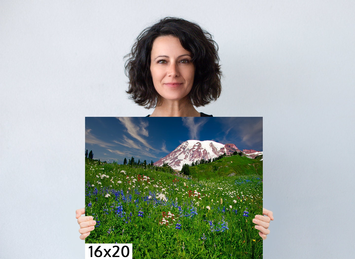 Mountain Wildflowers Art,  Mt. Ranier National Park Photography, Snowy Mountain Landscape, Beautiful Scenery, Large Canvas Print