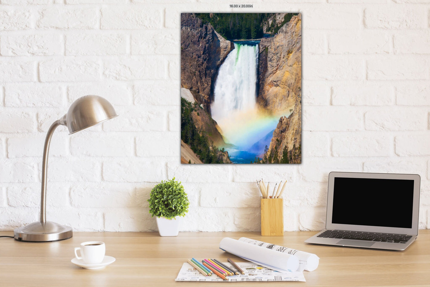 Yellowstone National Park Lower Falls, Waterfall with Rainbow,  Fine Art Landscape by Original Photographer, Canvas Wall Art Prints for Home