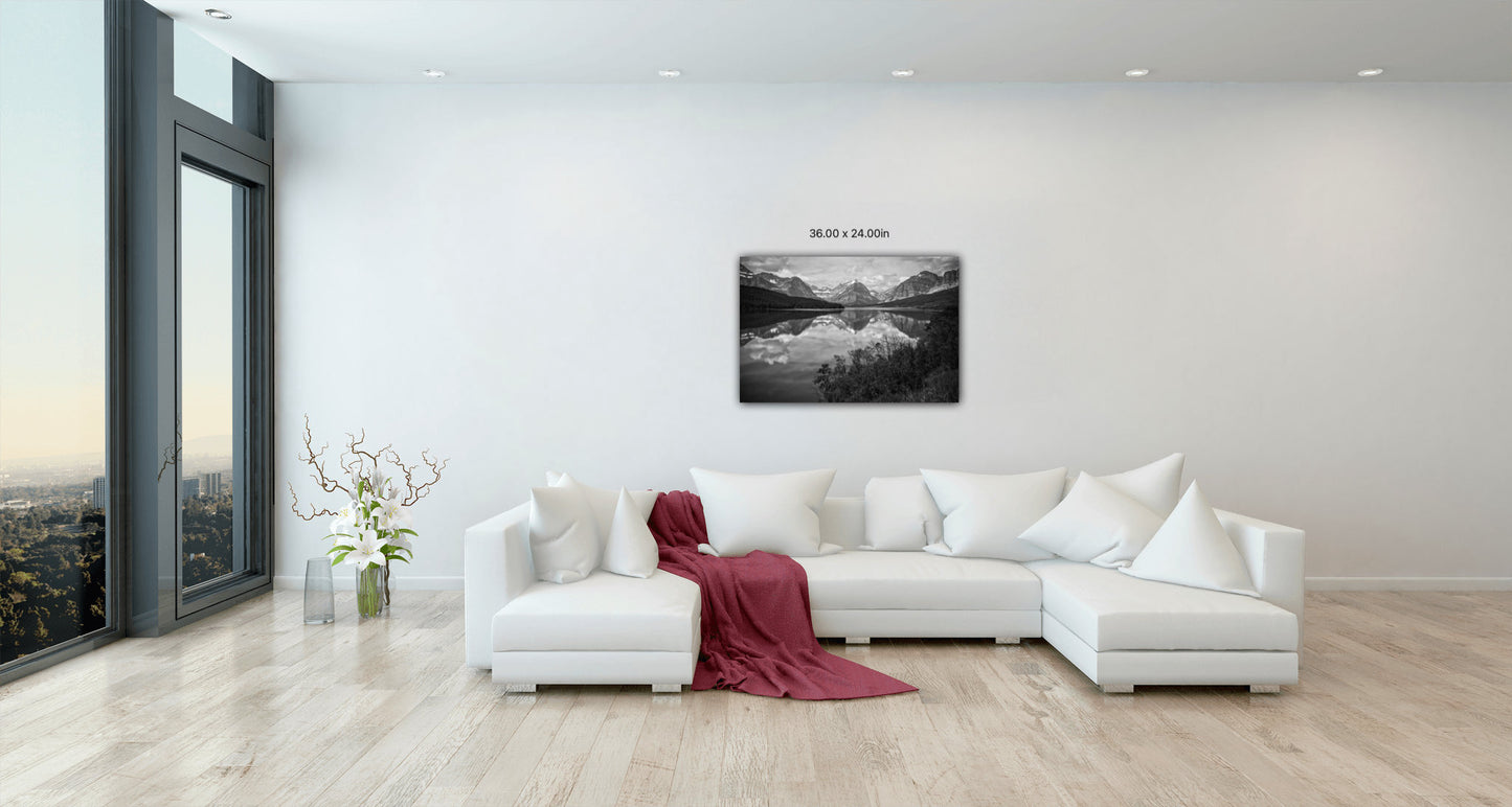 St.Mary's Lake Glacier National Park, Montana Mountain Landscape, Canvas Wall Art Prints, Black and White Decor