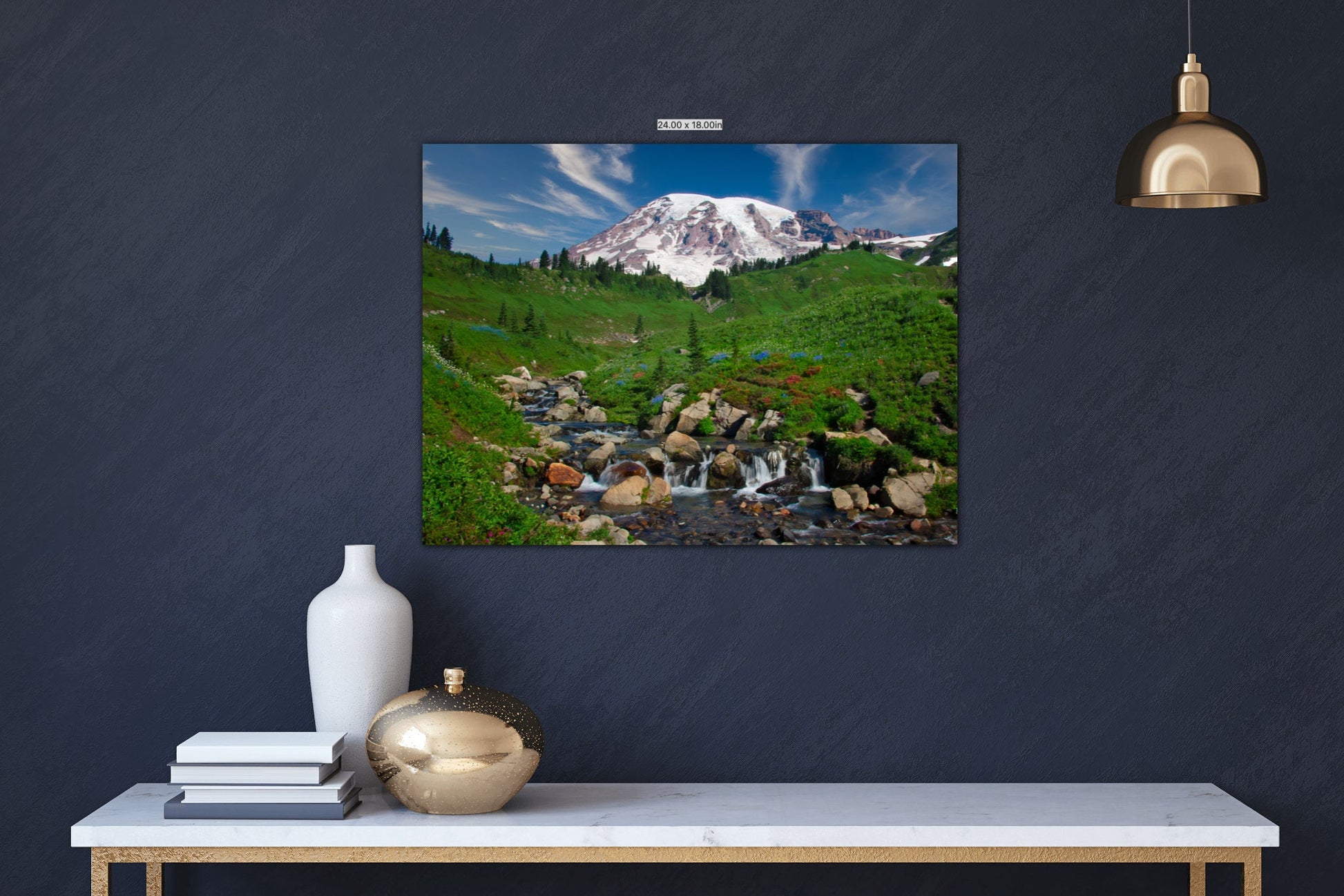 Mt Rainier National Park Canvas Print, Snowy Mountain Peak Creek and Wildflowers, Dramatic Mountain Landscape, Fine Art Wall Print Decor