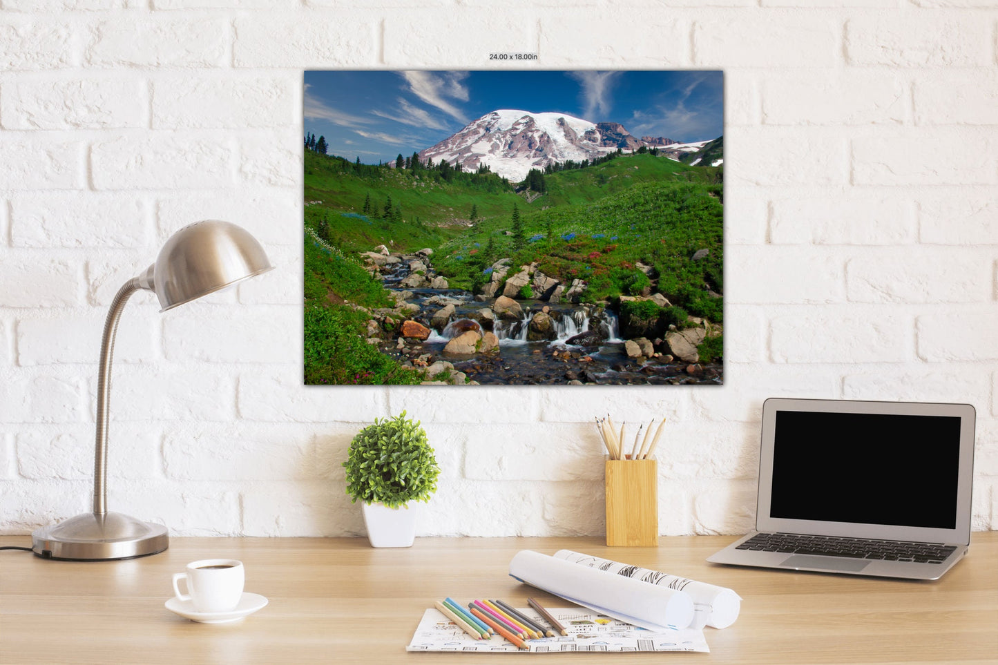 Mt Rainier National Park Canvas Print, Snowy Mountain Peak Creek and Wildflowers, Dramatic Mountain Landscape, Fine Art Wall Print Decor