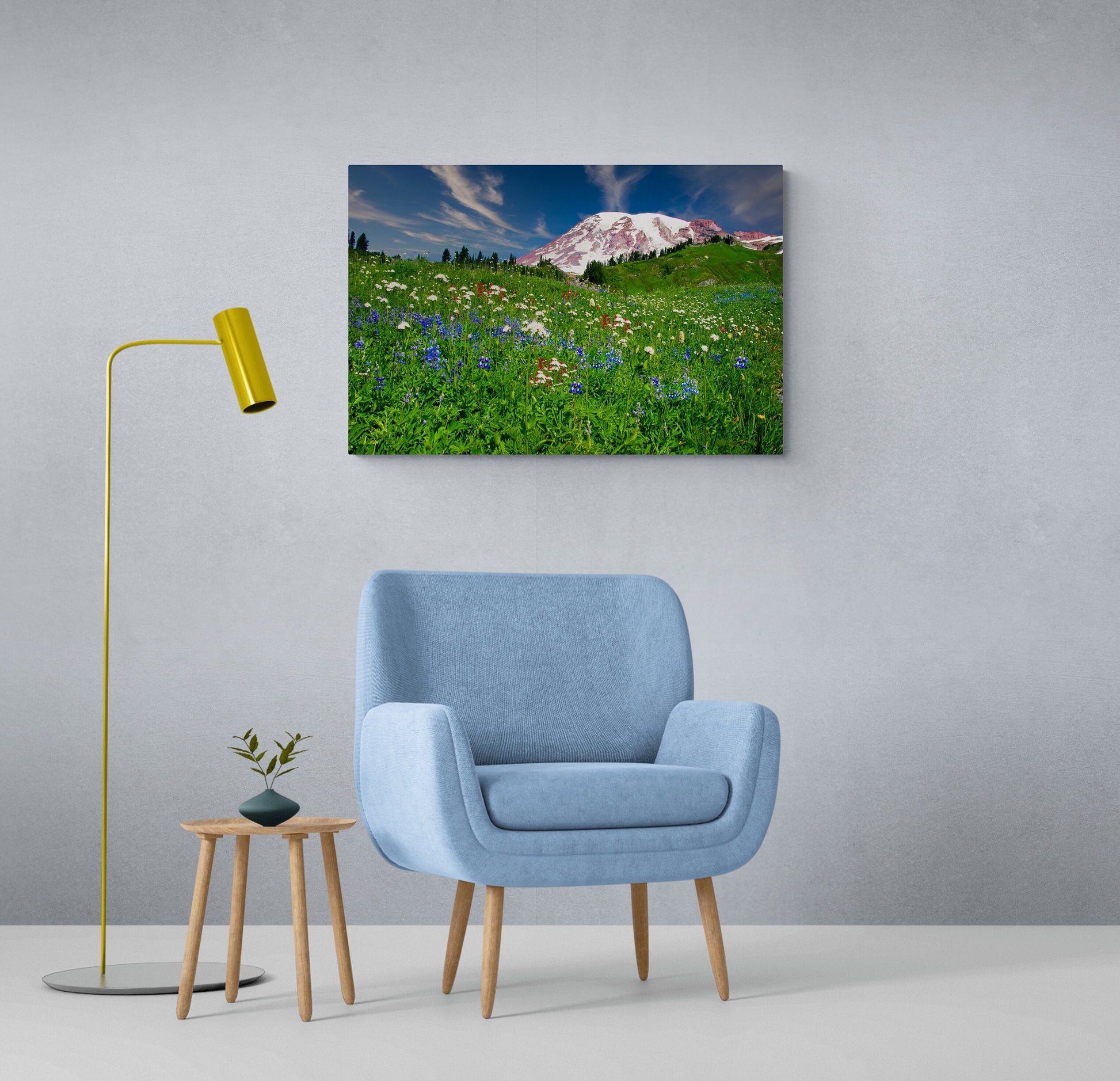 Mountain Wildflowers Art,  Mt. Ranier National Park Photography, Snowy Mountain Landscape, Beautiful Scenery, Large Canvas Print