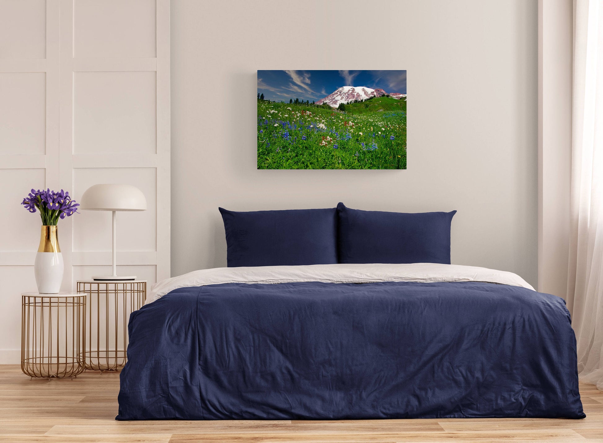 Mountain Wildflowers Art,  Mt. Ranier National Park Photography, Snowy Mountain Landscape, Beautiful Scenery, Large Canvas Print