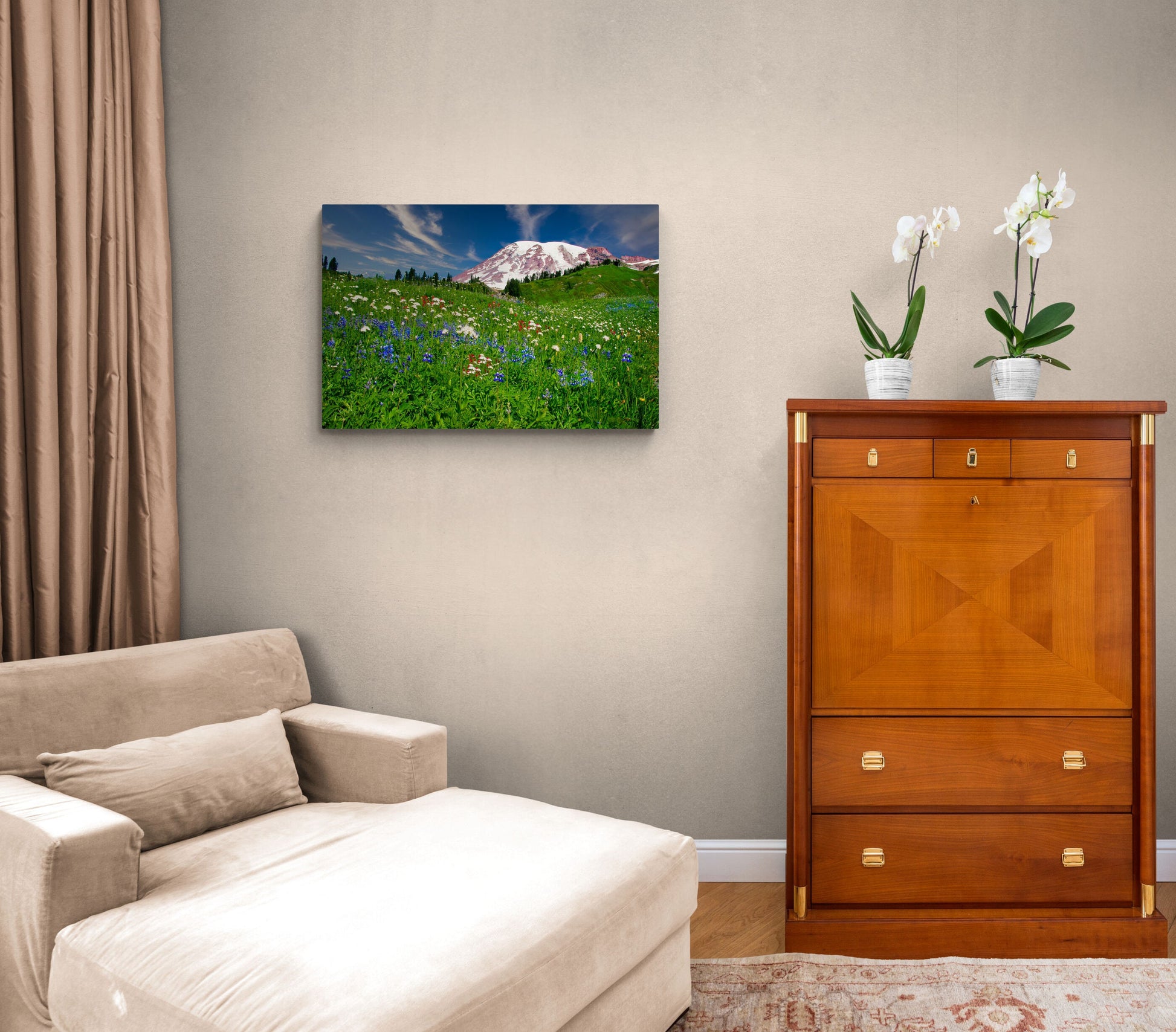 Mountain Wildflowers Art,  Mt. Ranier National Park Photography, Snowy Mountain Landscape, Beautiful Scenery, Large Canvas Print
