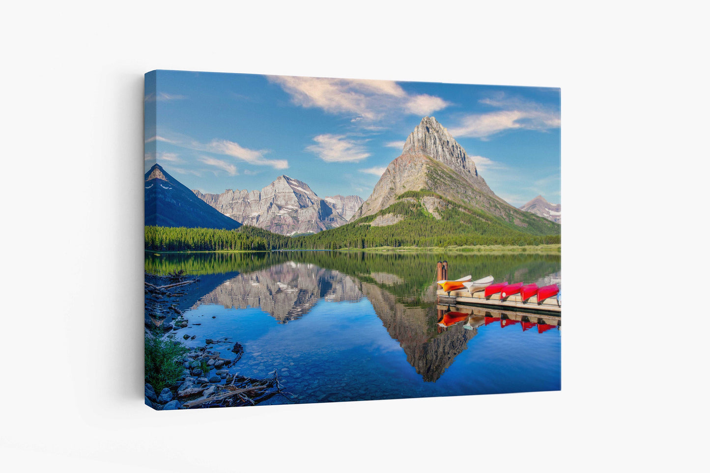 Many Glacier Swiftcurrent Lake Reflection With Canoes, Glacier National Park, Montana Landscape Print, Canvas Wall Art Prints, Home Decor