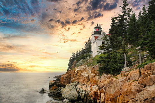 Bass Harbor Lighthouse, Sunrise in Acadia Maine, Dramatic Landscape Print, Canvas Wall Art,