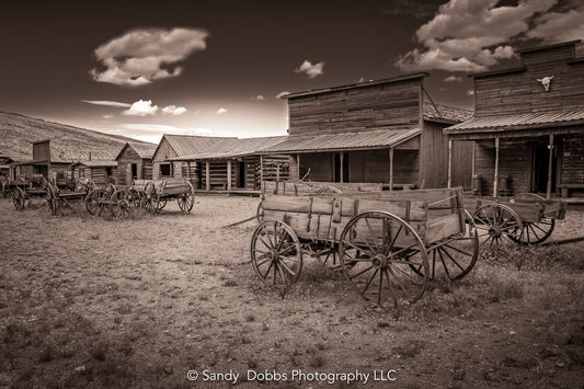 Old West Ghost Town Sepia Photography Decor, Old Wagons Wyoming Photo, Rustic Style, Cowboy Art, Western Art Wall Pictures, Wrapped Canvas,