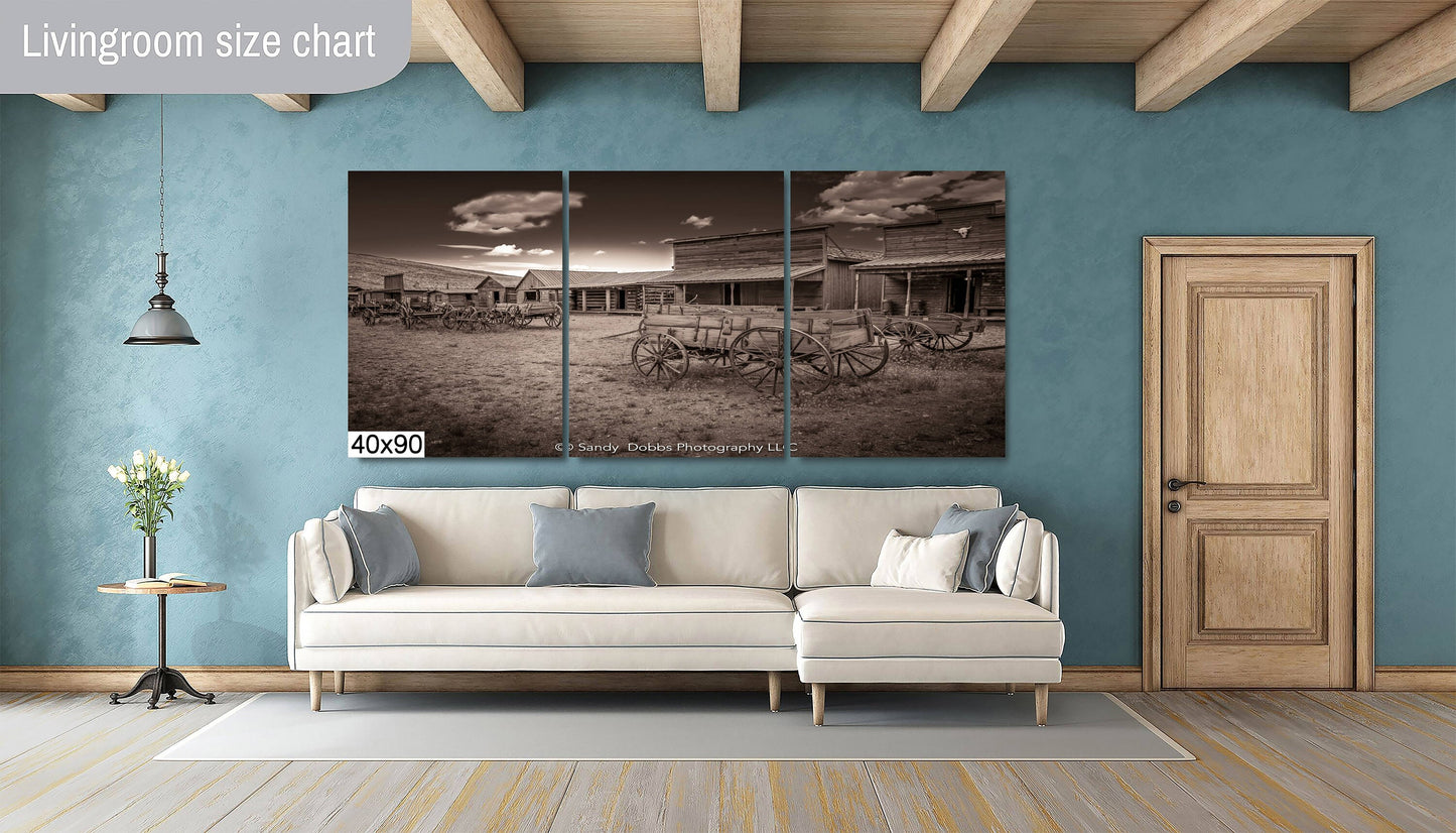 Old West Ghost Town Sepia Photography Decor, Old Wagons Wyoming Photo, Rustic Style, Cowboy Art, Western Art Wall Pictures, Wrapped Canvas,