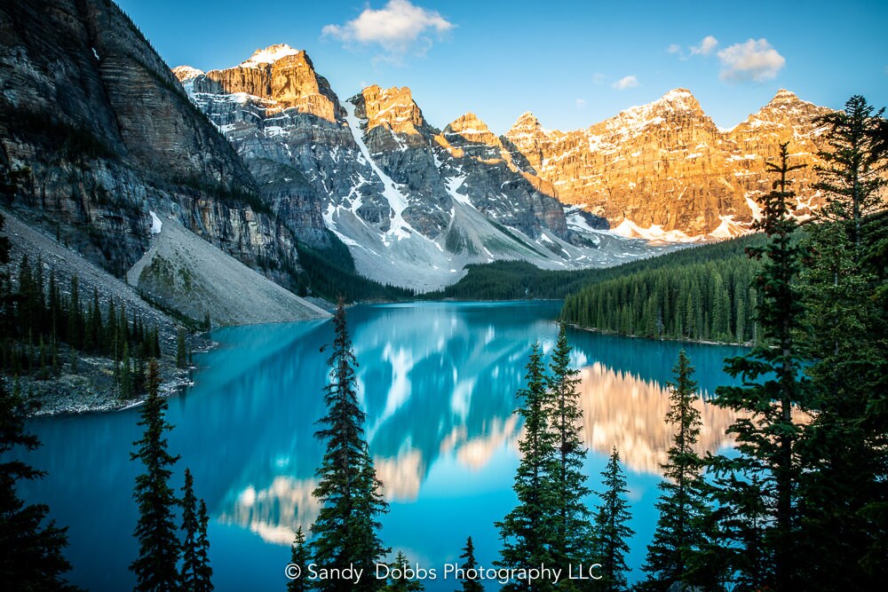 Sunrise hitting the peaks in Banff National Park Canada Landscape Print, Moraine Lake Sunrise, Mountain Lake, Fine Art by Photographer, Large Canvas Wall Art Prints,