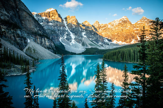 Psalm 27:8 Christian Inspirational Wall Art, Scripture Wall Canvas, Moraine Lake Sunrise Photography, Customization, Banff Canada