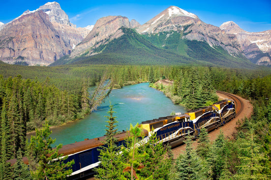 Train and Mountains Photo Canvas, Morant's Curve, Banff National Park Canada Landscape Print, Rocky Mountain Decor, Large Wall Art Prints