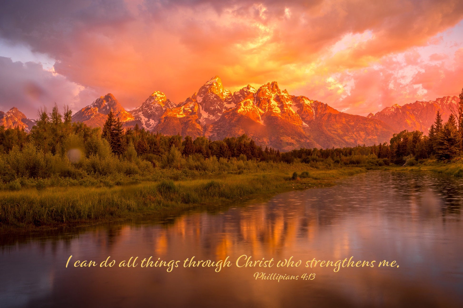 Philippians 4:13 Christian Inspirational Wall Art, Grand Teton National Park Mountain Sunrise, Wyoming Landscape Photography, Large Canvas